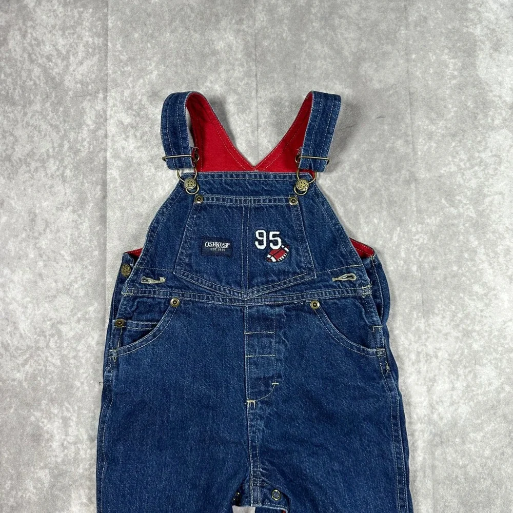 Vintage OshKosh Bgosh Kids 18M Blue Denim Red Lined Football Owl Overalls 90s